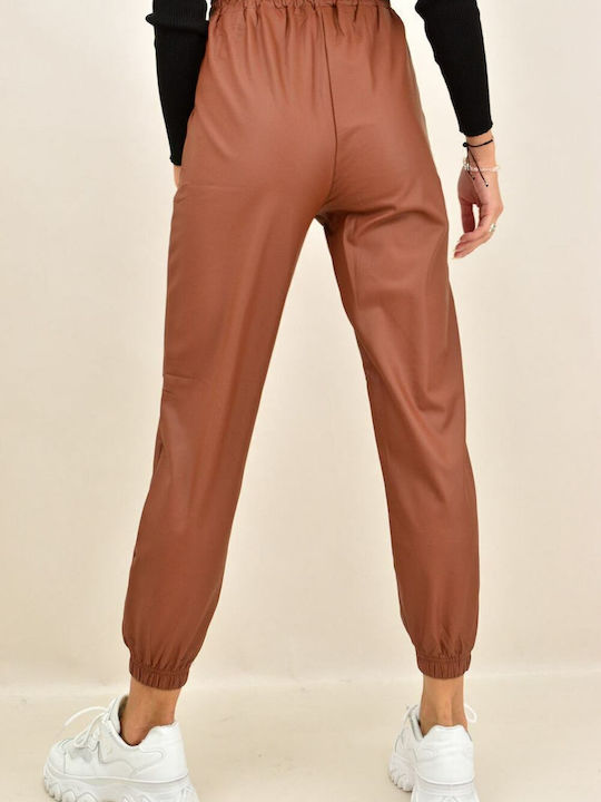 Potre Women's Leather Trousers with Elastic Brown