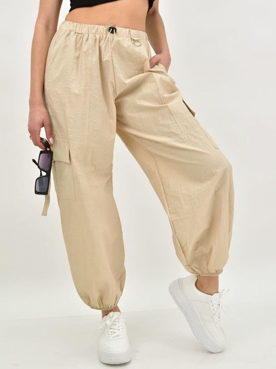 Women's Fabric Cargo Trousers with Elastic Beige
