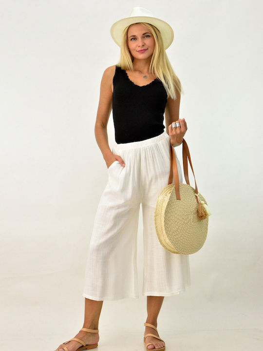 Women's High-waisted Fabric Trousers with Elastic in Straight Line Beige