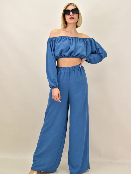 Potre Damen Blau Set mit Hochtailliert Hose mit Gummizug