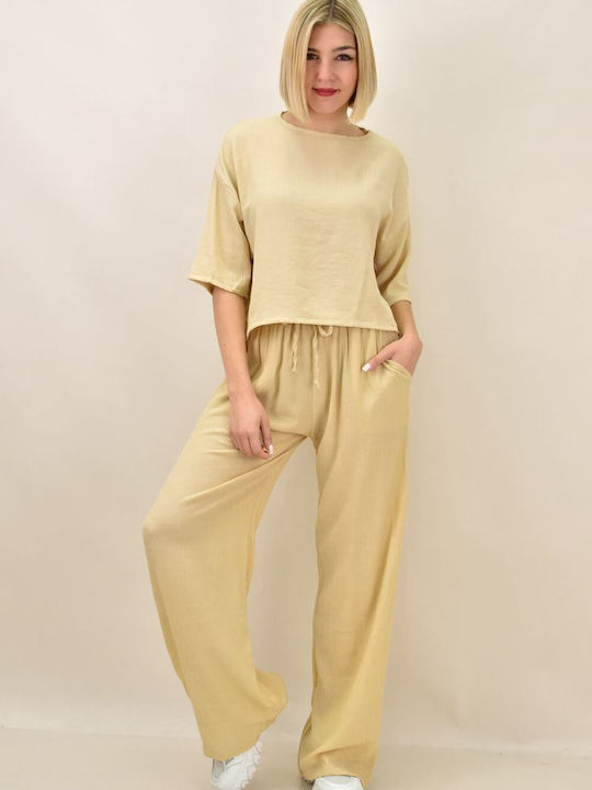 Damen Beige Set mit Hose mit Gummizug