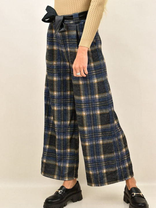 Damen Hoch tailliert Stoff Hose mit Gummizug Geprüft Marineblau