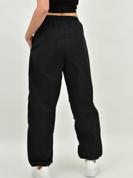 Potre Women's Fabric Trousers with Elastic in Baggy Line Black