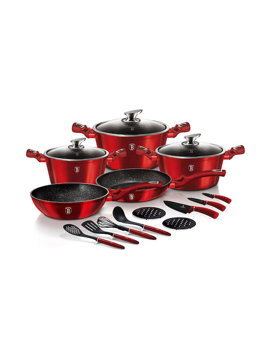 Berlinger Haus Metallic Line Cookware Set of Aluminum with Stone Coating Burgundy Collection 17pcs