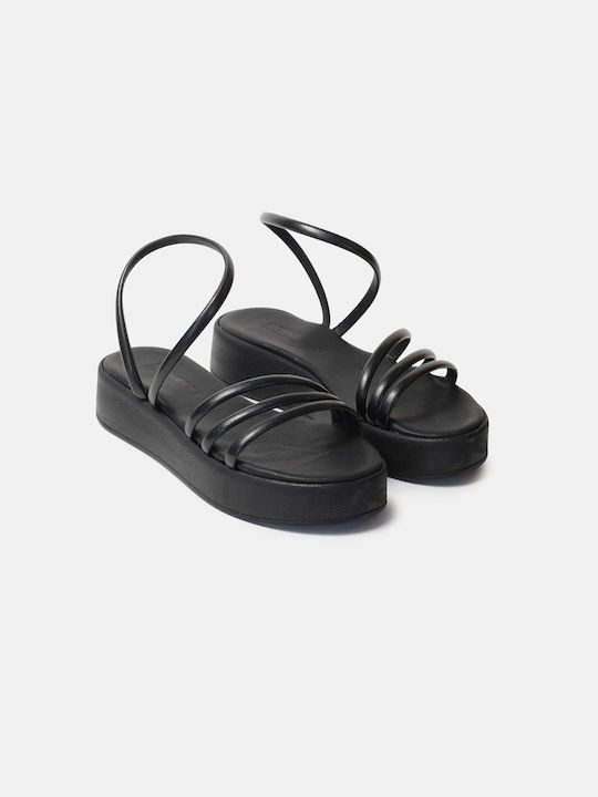 InShoes Leather Women's Flat Sandals Flatforms in Black Color