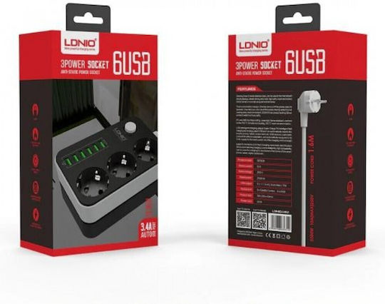 Ldnio Power Strip 3 Positions with 6 USB-A, Switch and Cable 1.6m