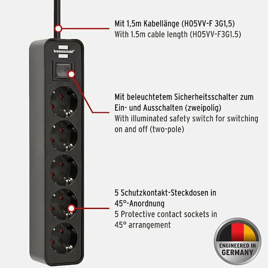 Brennenstuhl Power Strip with Surge Protection 5 Positions with Switch and Cable 1.5m