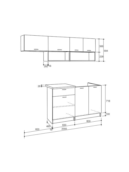 Rodney Set Dulapuri de Bucătărie Suspendate & de Podea cu Blat de Lucru Gri 200x46buc