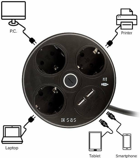 SAS Steckdosenleiste 3 Positionen mit 2 USB-A, Schalter und Kabel 1.5m