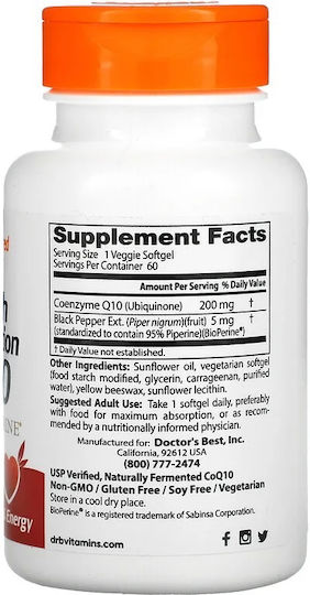 Doctor's Best High Absorption CoQ10 BioPerine χωρίς Γλουτένη 200mg 60 φυτικές κάψουλες