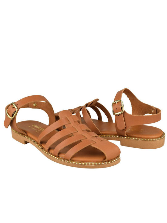 Yfantidis Leather Women's Flat Sandals with Strap in Tabac Brown Color