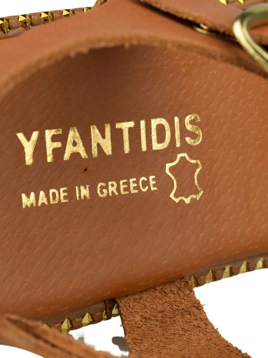 Leather Women's Flat Sandals with Strap in Tabac Brown Color