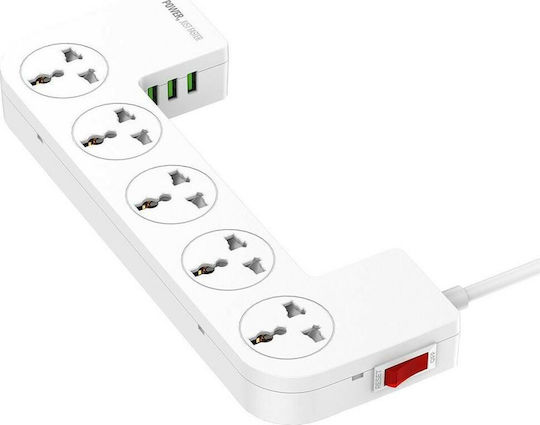 Ldnio Power Strip 5 Positions with 3 USB-A, Switch and Cable 2m