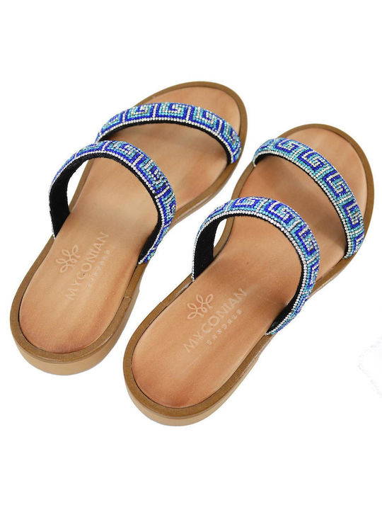 Δερμάτινα 100 Handmade Leather Women's Sandals with Strass Blue