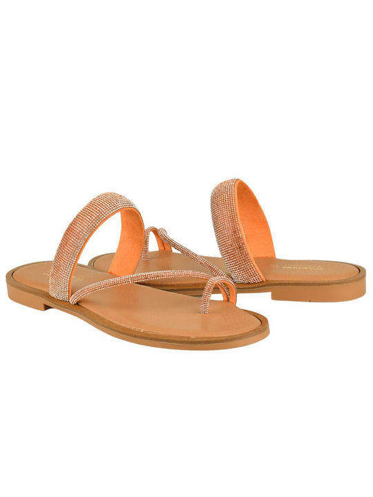 Yfantidis Leather Women's Flat Sandals in Orange Color