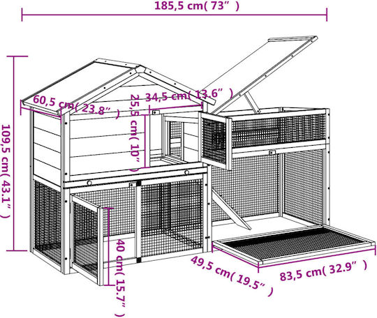 vidaXL 172277 Ξύλινο Κλουβί για Κουνέλια 185.5x60.5x109.5εκ.