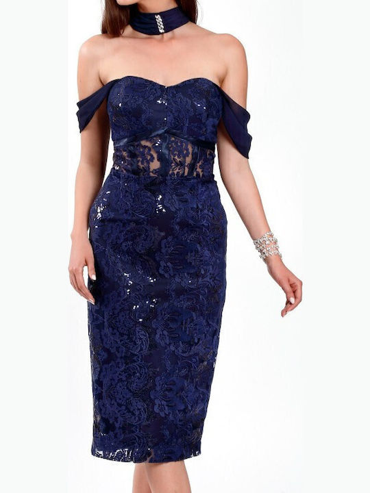Summer Midi Evening Dress Strapless Navy Blue