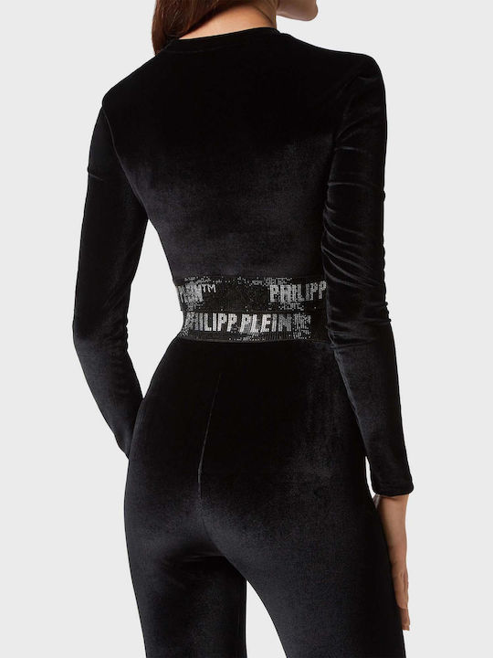 Philipp Plein pentru Femei Crop Top din Catifea cu Mâneci Lungi Negru