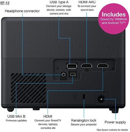 Epson EpiqVision EF-12 V11HA14040 Mini Projector LCD Full HD Laser with Wi-Fi and Built-in Speakers Black