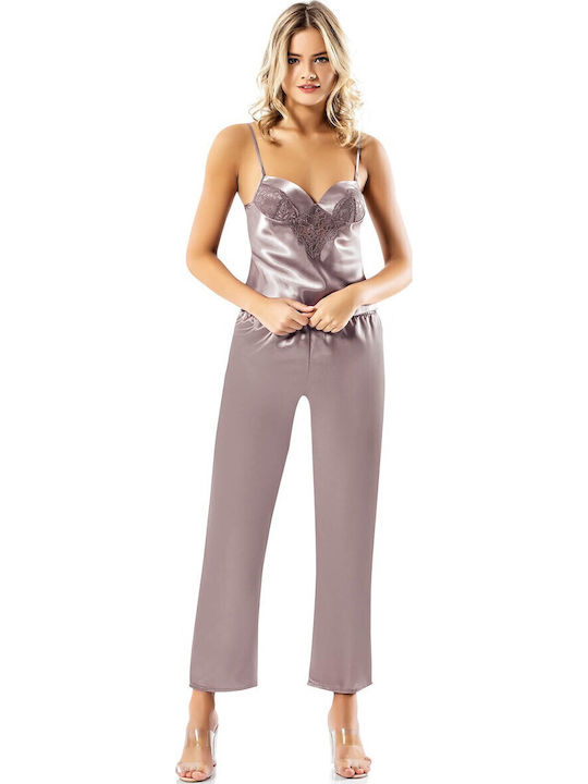 Kal-tsa Sommer Damen Satin,σατεν Robe mit Pyjama Beige