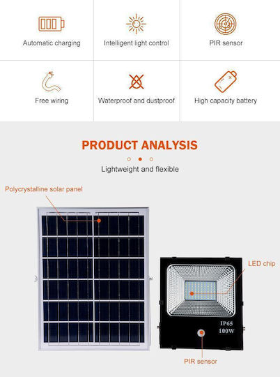 Invictus LO-SLTGD3520 Ηλιακός Προβολέας LED 100W Ψυχρό Λευκό 6000K με Αισθητήρα Κίνησης