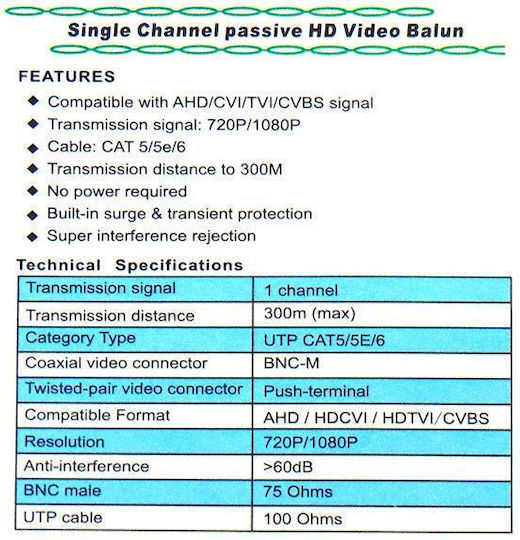 Video-Balun für CCTV-Systeme 01.100.0137