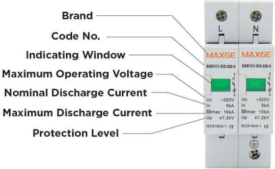 Maxge 1-Pole Inspired T2 Panel Lightning Protection 10kA 230VAC