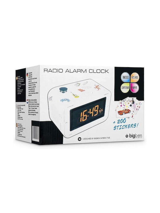 Bigben Interactive RR30 Stickers Επιτραπέζιο Ψηφιακό Ρολόι LCD με Ξυπνητήρι & Ραδιόφωνο Λευκό RR30BCSTICK
