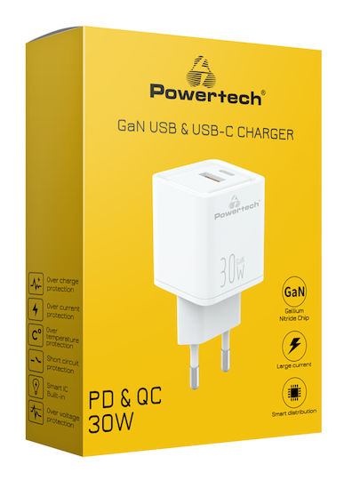 Powertech Ladegerät ohne Kabel GaN mit USB-A Anschluss und USB-C Anschluss 30W Stromlieferung / Schnellaufladung 3.0 Weißs (PT-1092)