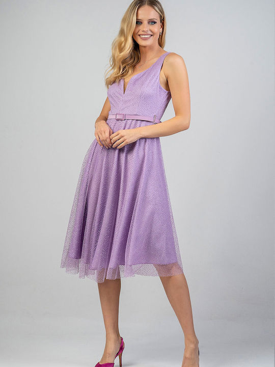 Bellino Summer Midi Evening Dress Open Back with Tulle & Sheer Purple