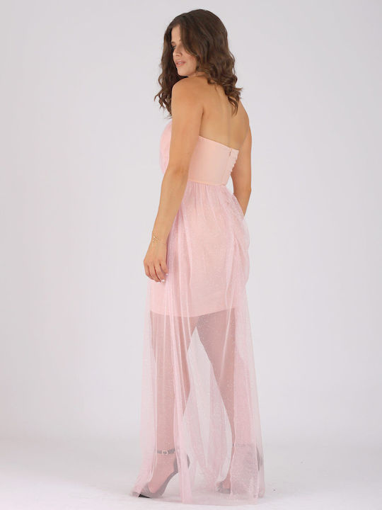 Bellino Maxi Φόρεμα για Γάμο / Βάπτιση Strapless με Τούλι Ροζ