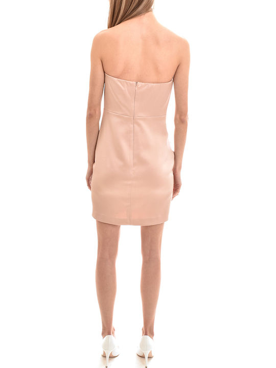 Summer Mini Evening Dress Strapless Satin Beige