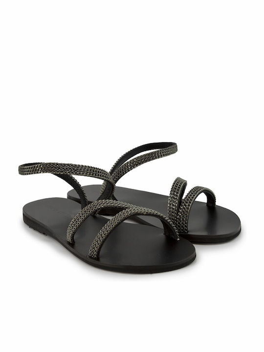 Sofia Manta Leather Women's Flat Sandals Black Gold