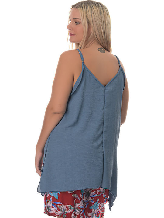 Women's Summer Blouse with Straps & V Neckline Blue