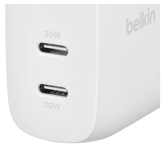 Belkin Charger Without Cable with 2 USB-C Ports 30W Power Delivery Whites (BoostCharge Pro)