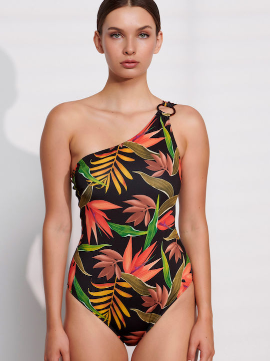 Bilitis One-Piece Swimsuit with One Shoulder Floral Black