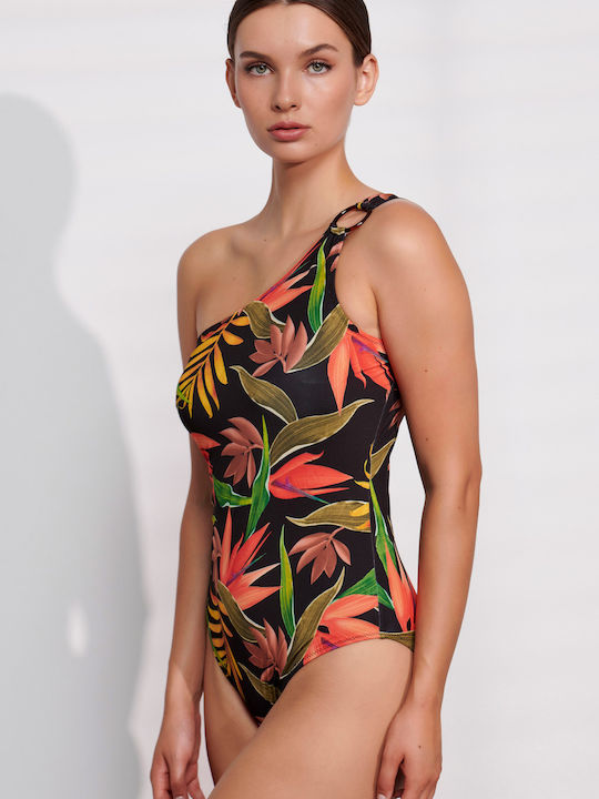 One Piece Swimsuit With One Shoulder Floral Black