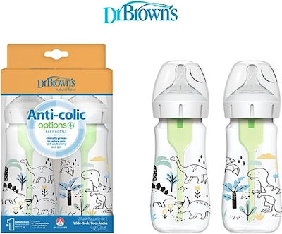 Dr. Brown's Plastic Bottle Set Options+ Anti-Colic with Silicone Nipple for 0+, 0+ m, months Baby Dino 270ml 2pcs