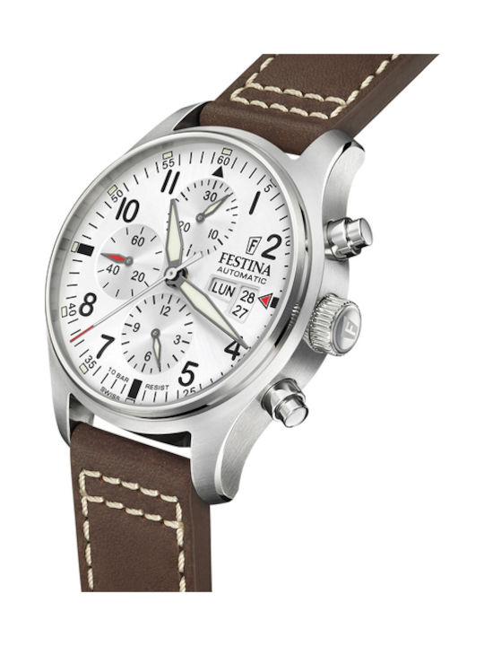 Festina Мъжки Часовник Хронограф Автоматичен с Кафява Кожена Каишка