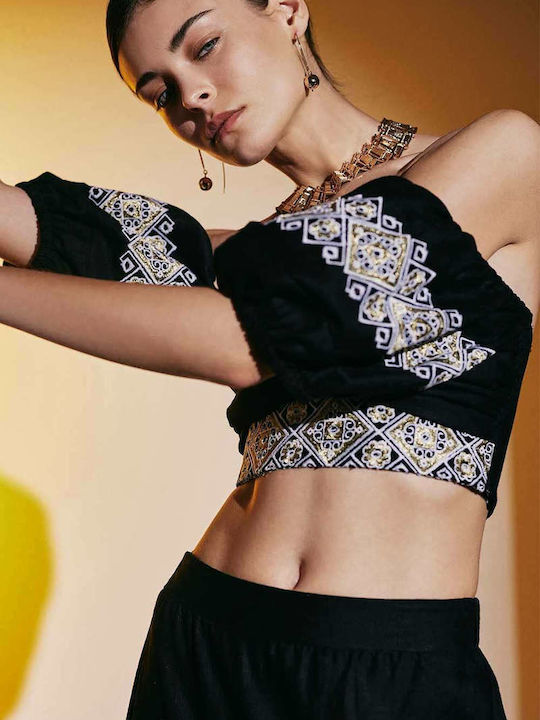 Lace Γυναικείο Crop Top Off-Shoulder Κοντομάνικο Καλοκαιρινό Μαύρο