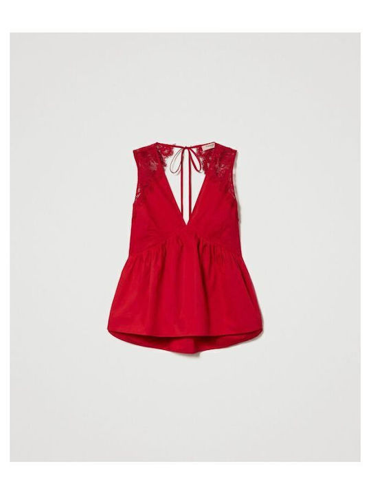 Women's Summer Blouse Cotton Sleeveless with V Neckline Red