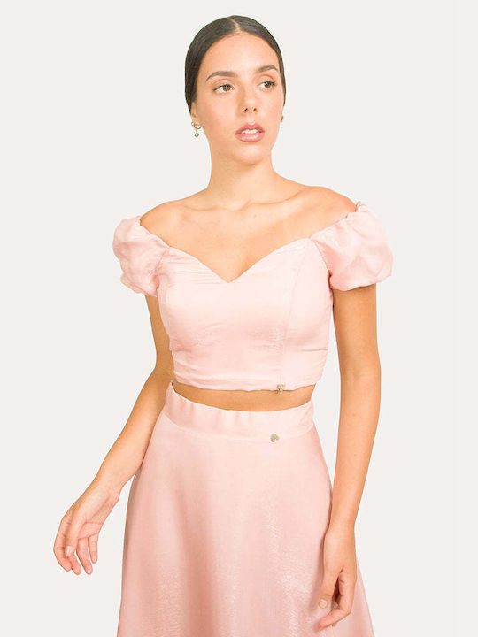 Enzzo Damen Sommer Crop Top Satin Kurzarm mit Reißverschluss Rosa