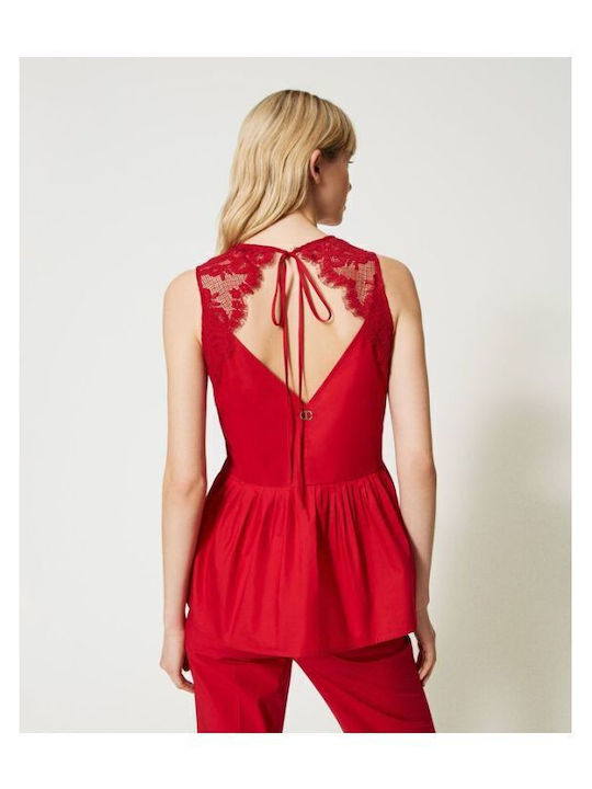 Women's Summer Blouse Cotton Sleeveless with V Neckline Red