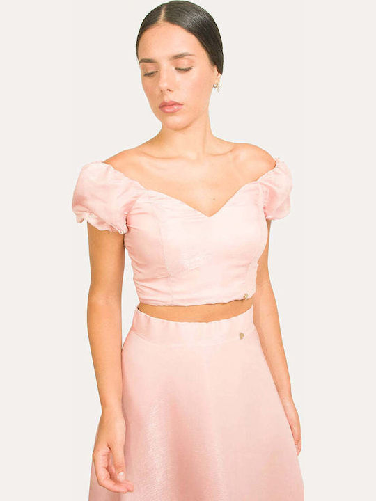 Damen Sommer Crop Top Satin Kurzarm mit Reißverschluss Rosa