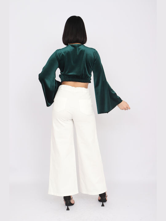 Como pentru Femei Crop Top din Catifea cu Mâneci Lungi Monocrom Verde