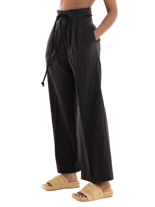 ICHI Women's High-waisted Cotton Trousers Black