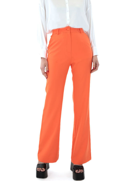 MY T PANTS Γυναικείο Ψηλόμεσο Υφασμάτινο Παντελόνι Straight Πορτοκαλί