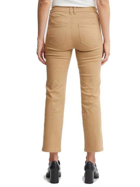 Fransa Women's Cotton Capri Trousers in Slim Fit Brown