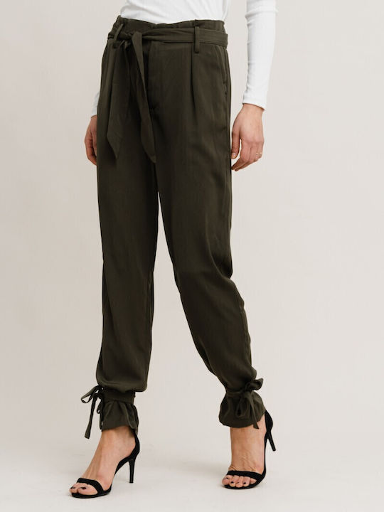 Women's High-waisted Fabric Trousers Regular Fit Khaki