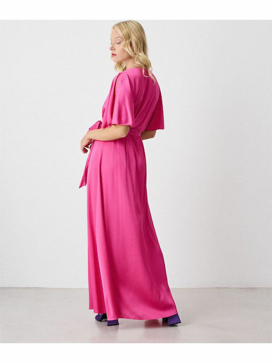 Summer Maxi Evening Dress Satin Wrap Fuchsia